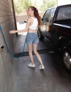 Slim pornstar Melissa flashing boobettes while carwashing - N